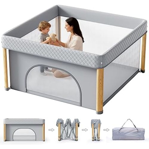 Foldable Baby Playpen, 51x51 Foldable Play Pen for Babies and Toddlers, Portable Playpen Indoor Outdoor, Kids Safety Area Travel Play Yard with Storage Bag Grey
