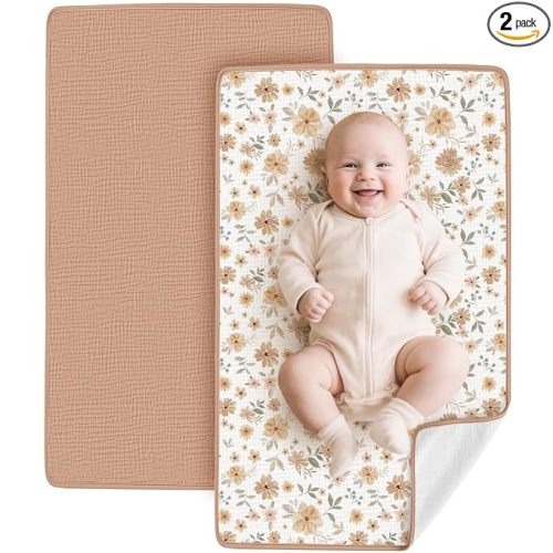 Konssy 2 Pack Waterproof Muslin Cotton Portable Changing Pad 30"x 17", Soft & Foldable Baby Changing Mat Travel Pad with Terry Backing, Shower Gift for Newborn Girls Boys (Toffee,Flourish)