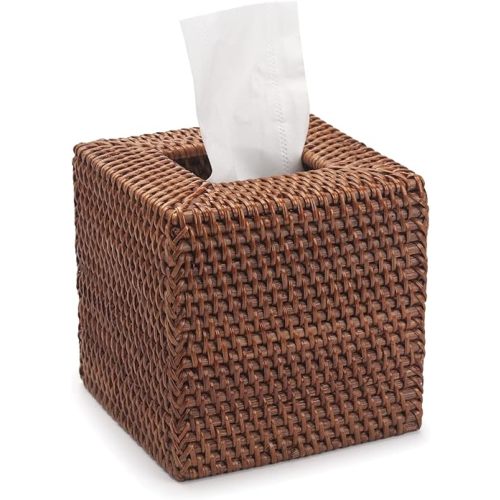 Rattan Tissue Box Cover Natural Woven Facial Napkin Holder Square (Honey Brown, 5.5x5.5x5.9 Inch)