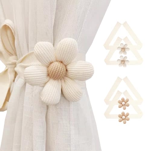 SRG 4PCS Curtain Tiebacks | Boho Flower Curtain Holdbacks | Simple Elegant Sunflower Curtain Holders | Boho Bedroom Decor(2Pcs Cream&2Pcs Khaki)
