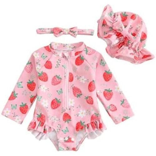 FishingDino Baby Swimsuit Girl Rash Guard Newborn 0M-3T, Long Sleeve UV Infant Bathing Suit with Hat & Headband, Bottom Snaps