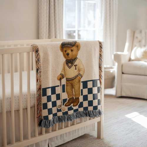 Personalized Teddy Bear Throw Blanket Custom Vintage Style Bear Baby Gift Nursery Decor Bedroom Cozy Vintage Style Plaid Woven Blanket