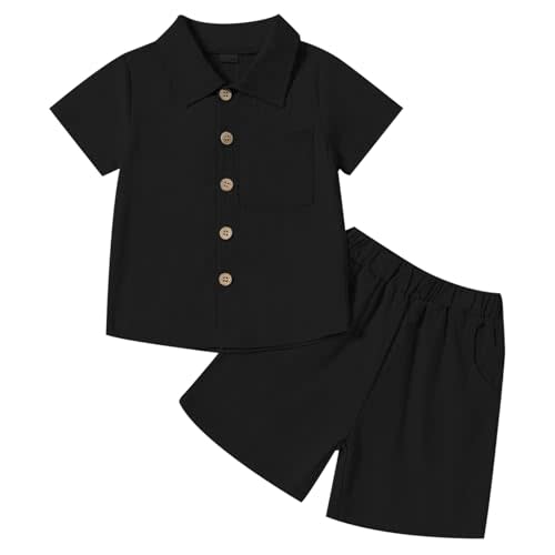 Neutocd Toddler Baby Boy Summer Clothes Cotton Linen Short Sleeve Solid Button Down Shirt Shorts Set Outfits with Pockets