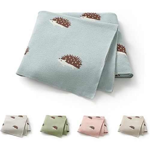 Opewod Baby Blanket 100% Cotton Baby Swaddle Blanket Knit Soft Cozy Lightweight Unisex Receiving Stroller Quilt Blanket with Cute Hedgehog 30x40 Inch Aqia Blue