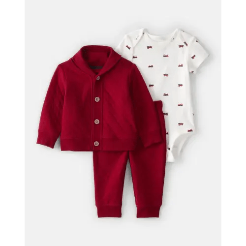 Baby Boy 3-Piece Quilted Cardigan Outfit Set - Red | Carter's