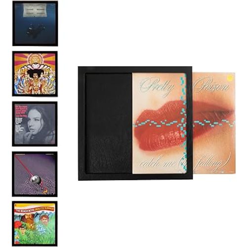 Ilyapa Removable Vinyl Record Display Frame - 6 Pack Wood Record Album Frame for Wall - Easily Slide your Album Artwork Sleeves In & Out - Black