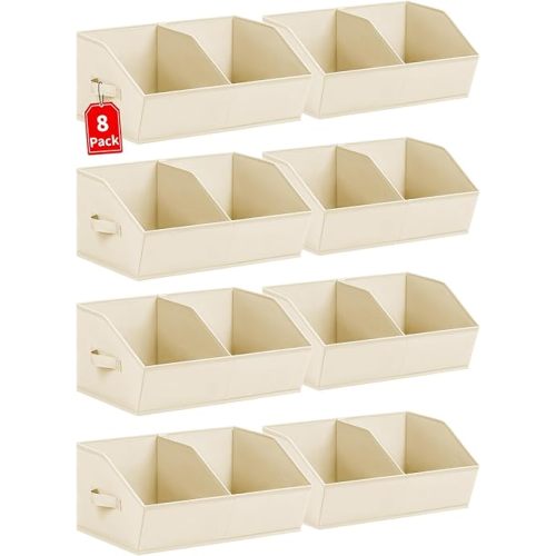 Closet Organizers and Storage Bins - 8 Pack Collapsible Divided Trapezoidal Cube Storage Bins Baskets with Orange Handle for Organizing Clothes Blankets, Toys, Books, Towels(Beige)