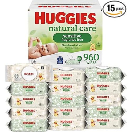 Huggies Natural Care Sensitive Baby Wipes, Unscented, Hypoallergenic, 99% Purified Water, 15 Flip-Top Packs (960 Wipes Total)