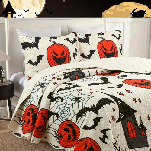 Twin/Full Size Halloween Themed Quilt Bedspread Set Pumpkins, Black Cats, Bats, Haunted Houses ME503