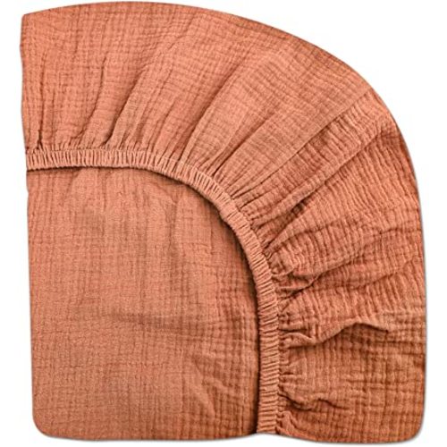 Mini Crib Sheets for Baby, Fitted Pack N Play Mattress and Mini Cribs 24" x 38", Neutral Muslin Cotton Mini Crib Mattress Sheet with Boho Style, Soft and Breathable Comfort (Brick)