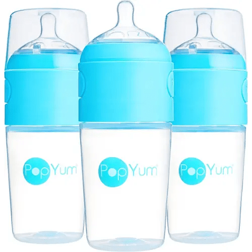PopYum 9 oz Blue Anti-Colic Formula Making/Mixing/Dispenser Baby Bottles, 3-Pack with #2 Medium Flow Nipples, 260 ml, BPA-Free, Natural Latch