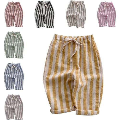 Boys' Cotton Linen Harem Bloomers Pants Elastic Waist Jogger Pants Kids Casual Striped Trousers Infant Long Sweatpants