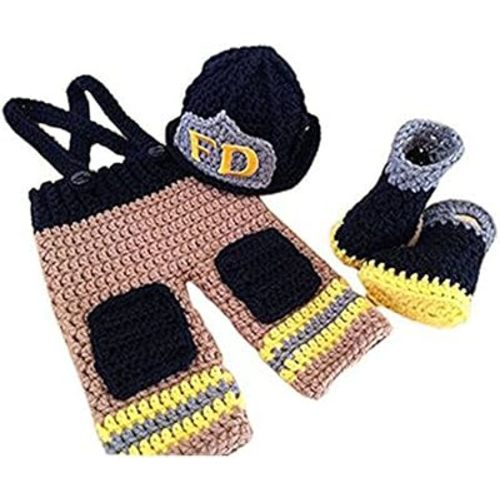 Pinbo Baby Photography Prop Crochet Knitted Firefighter Fireman Hat Pants Shoes