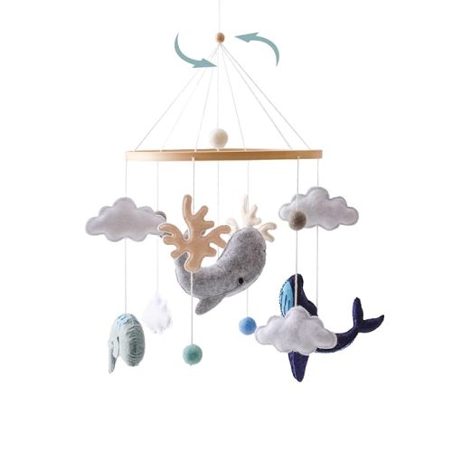 Montessori Baby Mobile for Crib Ocean Animals Crib Mobile Woodland Nursery Decor Soothe Toys for Ceiling Hanging Felt Ball Sea Blue Whale, White Clouds Baby Shower for Boys Girls Gifts