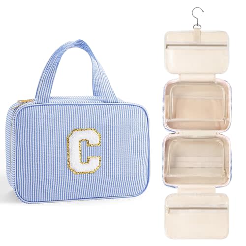 TOPEAST Hanging Toiletry Bag for Women - Travel Toiletry Bag Makeup Bag, Portable Toiletries Travel Bag and Cosmetic Bag, Airplane Travel Essentials - Letter C, Blue