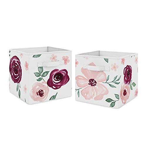 Sweet Jojo Designs Burgundy Watercolor Floral Foldable Fabric Storage Cube Bins Boxes Organizer Toys Kids Baby Childrens - Set of 2 - Blush Pink Maroon Wine Rose Green Shabby Chic Flower Farmhouse