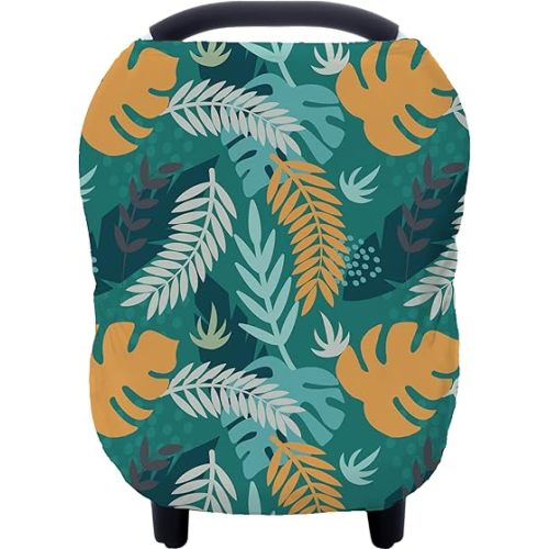 Carseat Cover Boy and Girls - Multi-use Nursing Car Seat Canopy Cover for Breastfeeding, Infant Stroller Cover, High Chair Cover (Green Leaves)