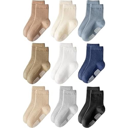HONGTEYA 9 Pairs Toddler Boys Socks, Baby Non Slip Socks for Infant Cotton Sock with Grippers 0-5 Years