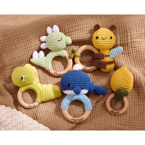 Personalized Crochet Dinosaur Baby Rattle, Wooden Animal Rattle Ring, Handmade Name Rattle for Baby Shower, Newborn or First Birthday