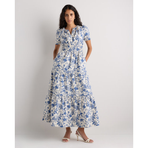 100% Organic Cotton Tiered Maxi Dress in Riviera Blue Heirloom Floral