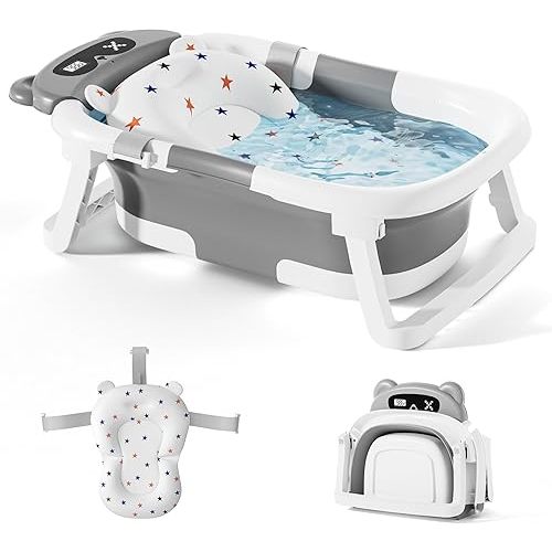 Baby Bathtub,Foldable Baby Bath Tub for Newborn to Toddler (0-18 Months) – Collapsible Infant Tub for Travel with Thermometer, Soft Cushion,Grey