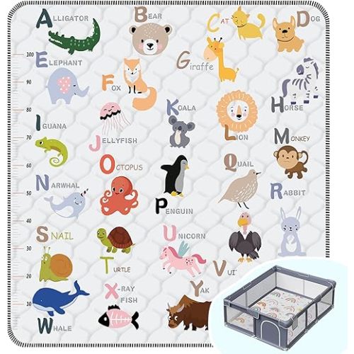 Baby Play Mats for Floor,Thick Soft 71" X 59" Playpen mat, Foldable and Machine Washable Baby Crawling Mat，Baby Play Mat for Babies to Play and Learn (Animal Alphabet-A)
