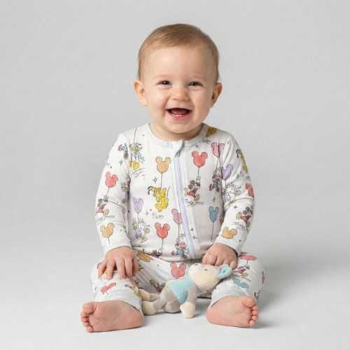 Cheerful Mickey and Friends Signature Balloon Zippy Romper, Minnie Donald Daisy Goofy Pluto Design, Magic Kingdom Vacation Baby Pajamas Gift