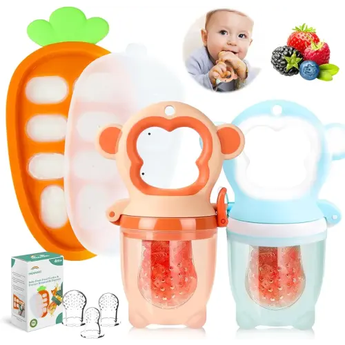 Baby Fruit Food Feeder - Silicone Nibble Tray Combo - Breastmilk Popsicle Mold for Cooling Relief, BPA Free Mesh Feeder for Infant Self Feeding (Monkey Blue Orange + Carrot)
