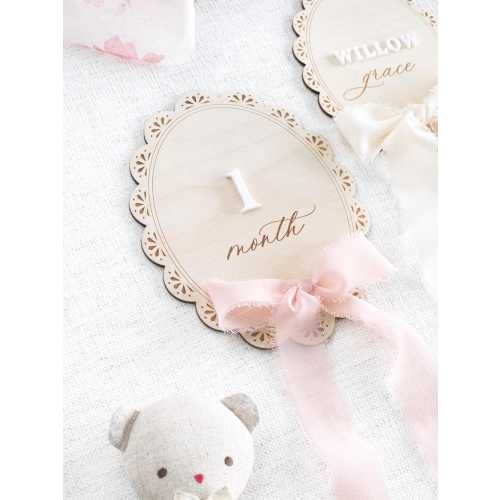 Baby Girl Monthly Milestone Marker Cards: Scalloped Name Announcement Plaque with Ribbon Bow