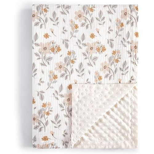 TILLYOU Baby Blankets for Girls Boys, Receiving Baby Blanket with Double Layer Soft Plush, Minky Muslin Cotton Front and Dotted Backing 30"x40", Yellow Flower