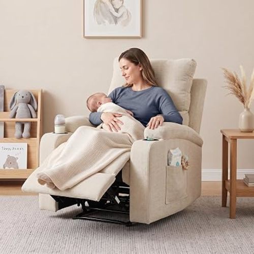 FiveWillowise Manual Recliner Chair with Cup Holders, Nursery Chair, Beige