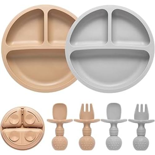 Silicone Baby Feeding Set, 2 Pack Divided Baby Plates with Suction, 2 Pack Spoons and Forks Set, BPA Free, Baby Led Weaning Supplies for Toddler Utensils Baby Feeding Essentials