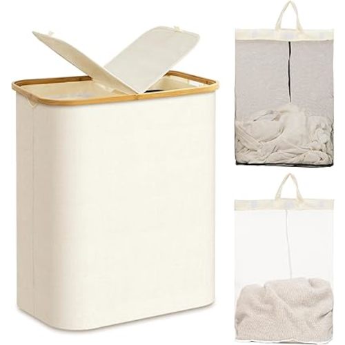Double Laundry Hamper with Lid and Removable Laundry Bags,145L Large Laundry Hamper 2 Section Collapsible Dirty Clothes Hamper for Laundry Room,College Dorm,Bathroom Beige