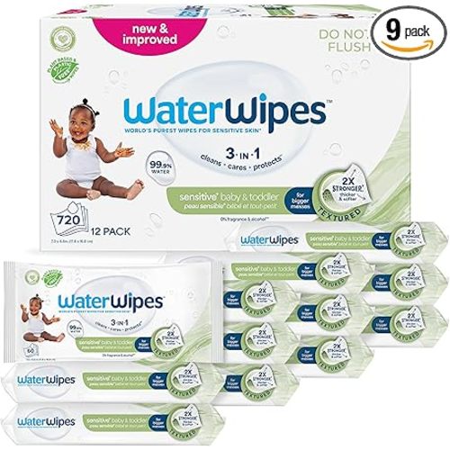 WaterWipes Sensitive+ Baby & Toddler Wipes, 3-In-1 Cleans, Cares, Protects, 99.9% Water, Textured Clean, Unscented & Hypoallergenic, 540 Count (Pack of 9)