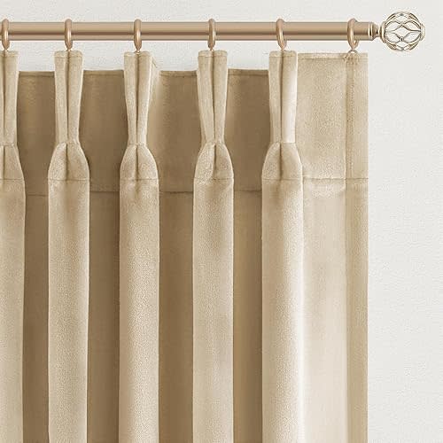 Beige Velvet Pinch Pleated Curtains 84 Inches Long for Bedroom Living Room Neutural Elegant Soft Velvet Modern Boho Blackout Thermal Curtain Drapes Home Decor Set of 2,84 inch Length 7FT