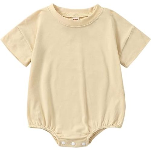 Newborn Baby Boy Girl Neutral Clothes Plain Cotton Bubble Romper Solid Short Sleeve Bodysuit 6-12mo.