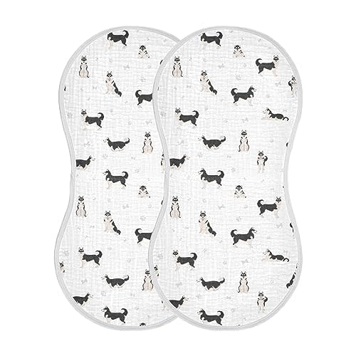 KICPOAY Muslin Baby Burp Cloths, Cute Dogs Siberian Husky Muslin Washcloths Baby Rags Comfy Soft Absorbent in for Newborn Boys and Girls 2 Piece 22 x 11 Inch
