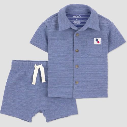 Carter's Just One You® Baby Boys' 2pc Striped Button-Down 4th of July Shirt and Shorts Set - Blue 6M