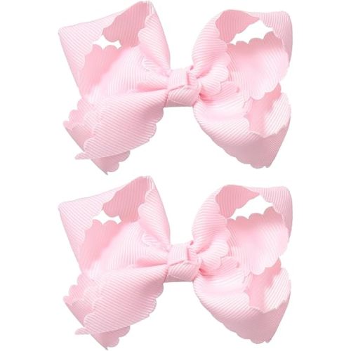 Pink Grosgrain Ribbon Scalloped Hair Bows for Girls,2Pcs 3" Small Cute Dressy Bow Alligator Clips,Valentines Birthday Party Decor Accessories Gift for Toddlers Teens Baby School Kids