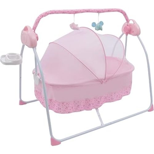TFCFL Electric Baby Crib Cradle, 0-18 MonthsInfant Bed Auto Swing with Music, 25KG/55LBS Capacity, Foldable Baby Bassinet, Pink