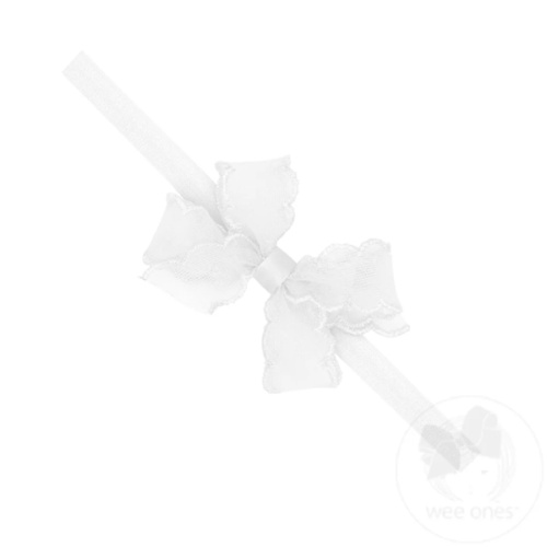 Mini Organza Scalloped Stitched Edge Hair Bow on Matching Elastic Band - WHITE / NB | Wee Ones Hair Bows & Accessories