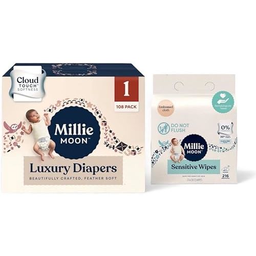 Milli Moon Luxury Cloud Touch Diapers (Size-1 and Count 108) & Sensitive Wipes of Embossed Cloth (3 Pack Each- 72count)