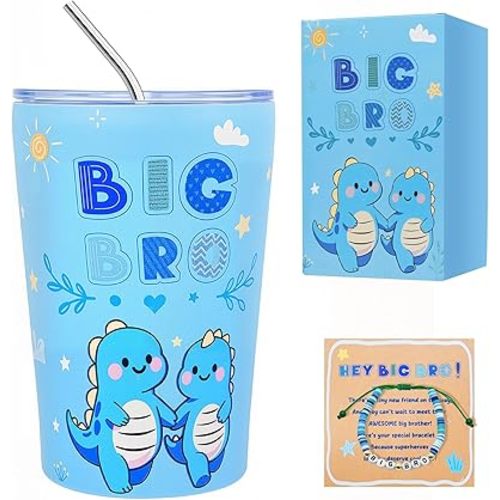 2 Pcs Big Brother Gift, 12 oz Big Bro Cup Blue Stainless Steel Mug Keeps Drinks Cold & Hot, New Brother Tumbler with Straw & Bracelet for Little Boy Older Bro Xmas Gifts