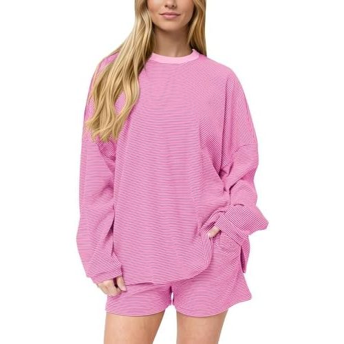 MISSACTIVER Women's Striped Lounge Set Long Sleeve Tee Shirts Drawstring Wide Leg Shorts Matching 2 Piece Pajamas Set