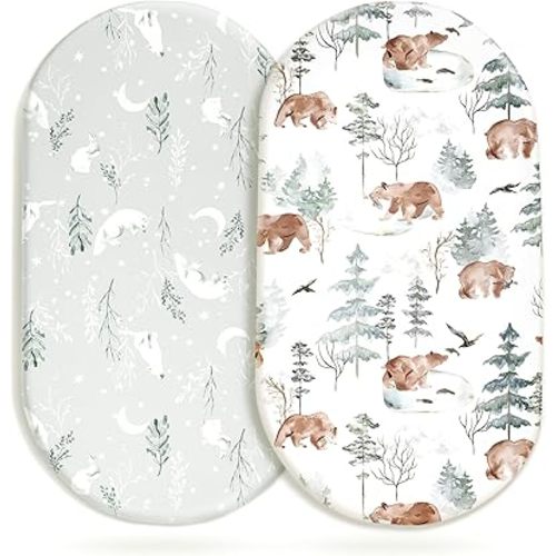 Stretchy Bassinet Mattress Sheets, Ultra Soft Bassinet Sheet 2 Pack, Universal Fitted for Oval Hourglass Rectangular Bassinet Mattress Pad Safe and Snug, Stylish Pattren of Bear and Wolf Print