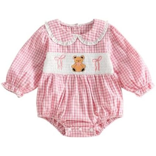 Baby Girl Plaid Romper Long Sleeve Doll Collar Teddy Bear Bow Smocked Bubble Bodysuit Newborn Onesie Fall Clothes