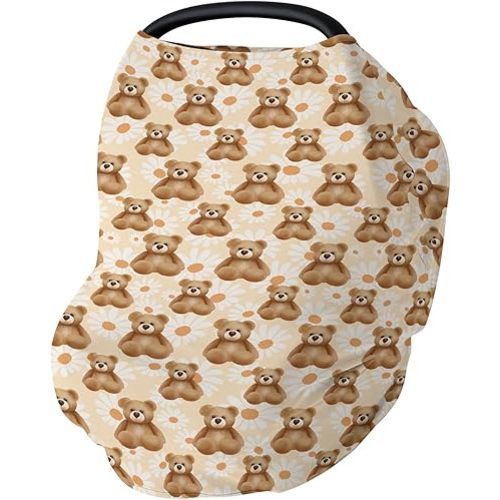 Vintage Bear Daisy Baby Car Seat Covers Retro Bears Boho Floral Stretchy 5-in-1 Cover Adjustable Car Canopy Breastfeeding Cover Spring Animals Breathable Nursing Cover-Up