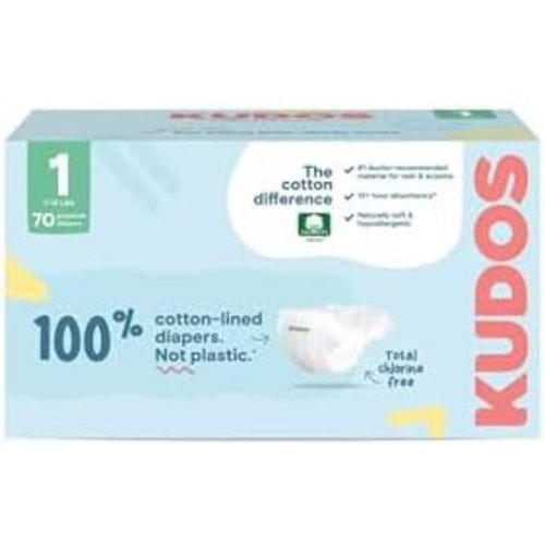 Kudos Size 1 Cotton-Lined Disposable Baby Diapers, 70 Count, Ultra Absorbent Baby Diapers, Soft Comfort, Gentle Materials, Secure Fit for Sensitive Skin
