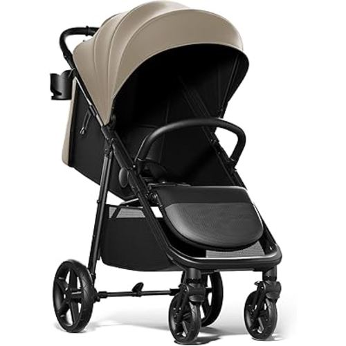 Mompush Nova Baby Stroller for Toddler, Infant & Newborn | Spacious Seat & Lie-Flat Mode | Compact One-Hand Fold, UPF 50+ Canopy & All-Wheel Suspension | Includes Rain Cover & Cup Holder, Khaki