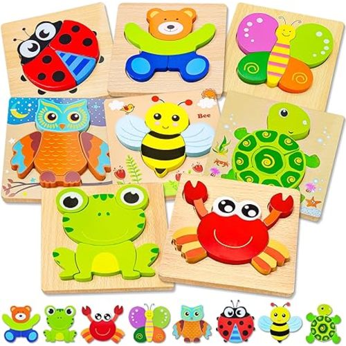 Bekayshad Wooden Puzzles Toddler Toys Gifts for 1 2 3 Year Old Boys Girls, Animal Jigsaw Puzzles Montessori Toys, Learning Educational Christmas Birthday Gifts for Girls Boys Ages 1-3 - 8pcs